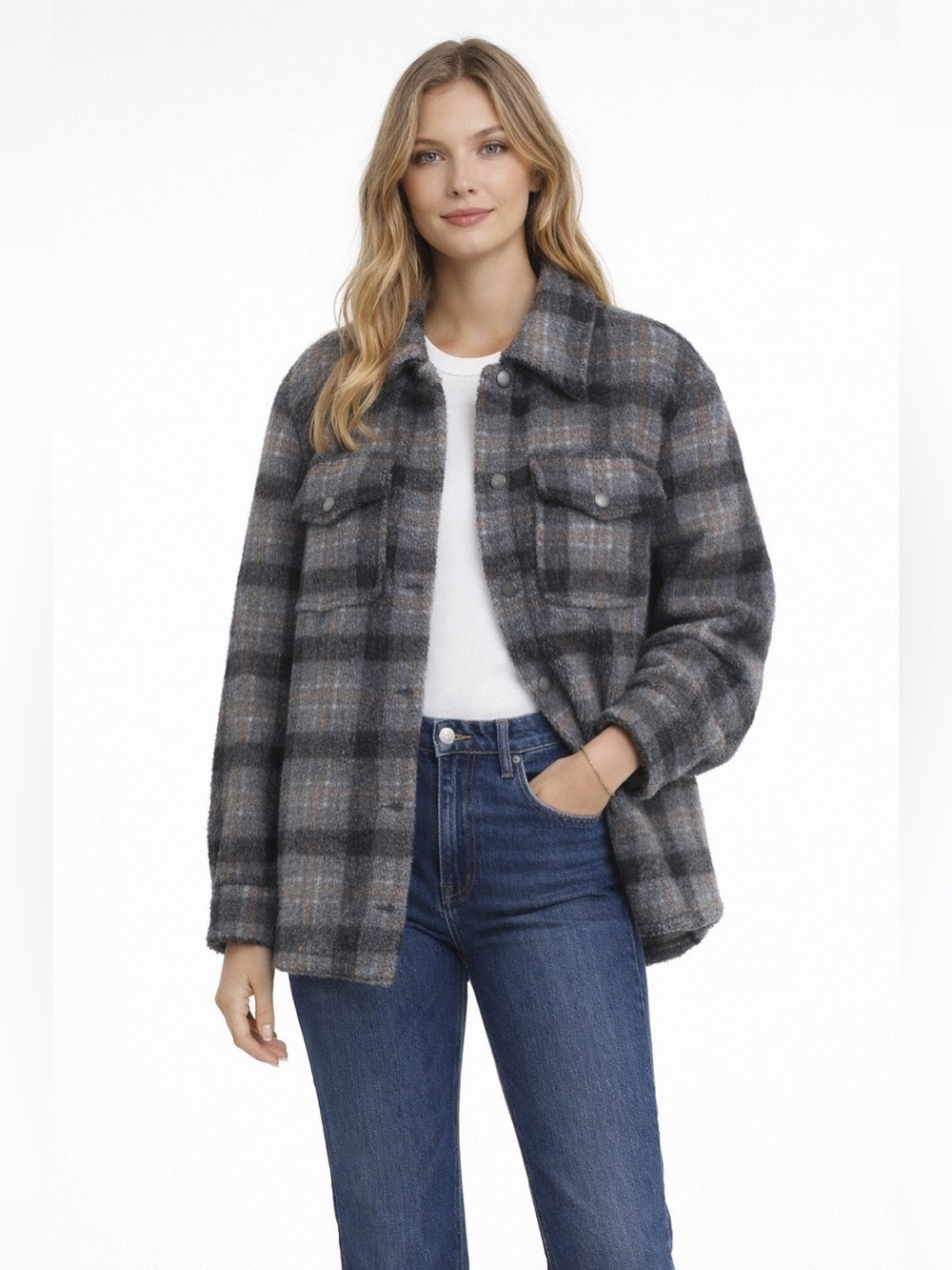 Abercrombie & Fitch Women’s Plaid Shacket | Gray Check Fleece Button‑Front